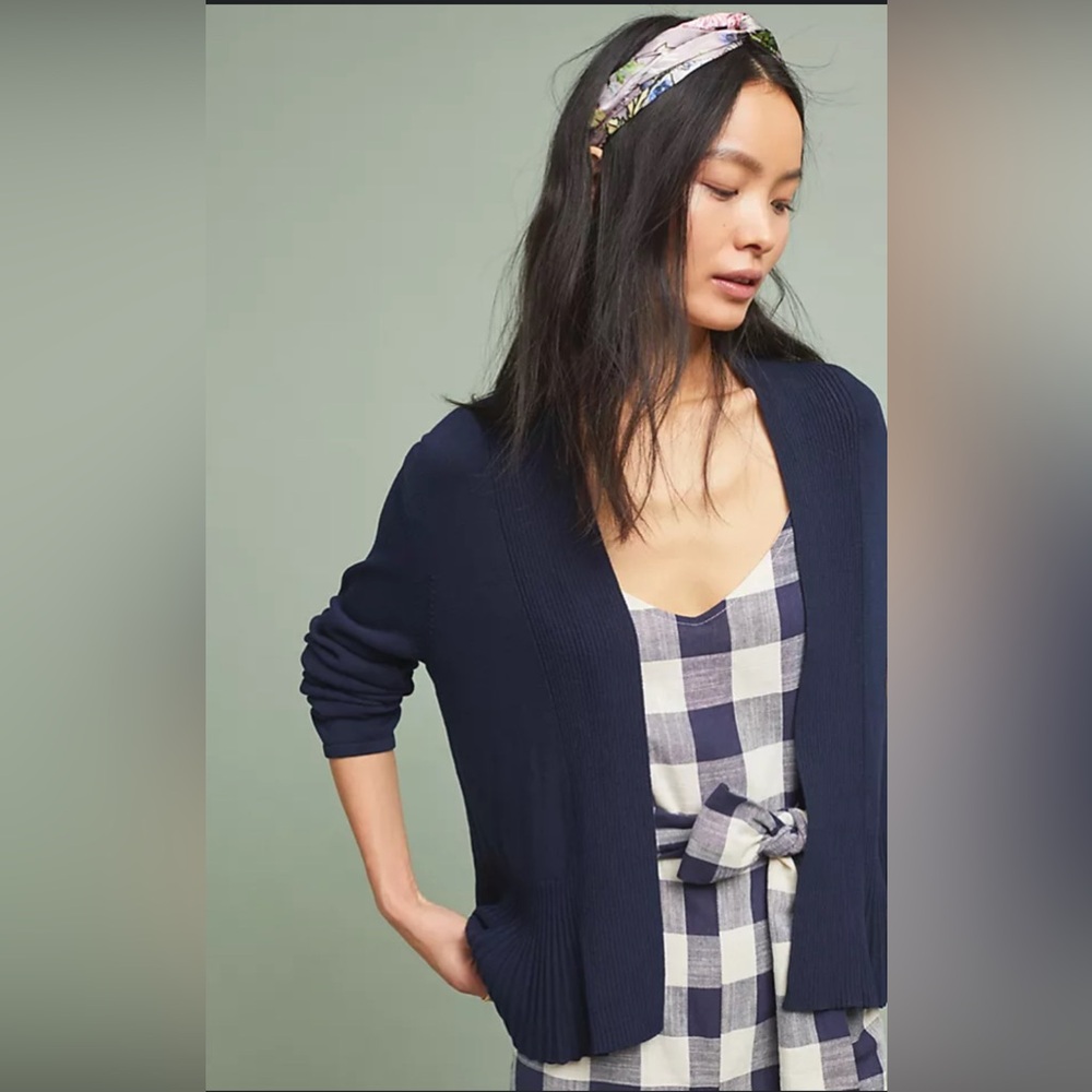 ANTHROPOLOGIE WOMENS BANLIEUE PEPLUM PLEATED HEM OPEN CARDIGAN NAVY BLUE XSMALL